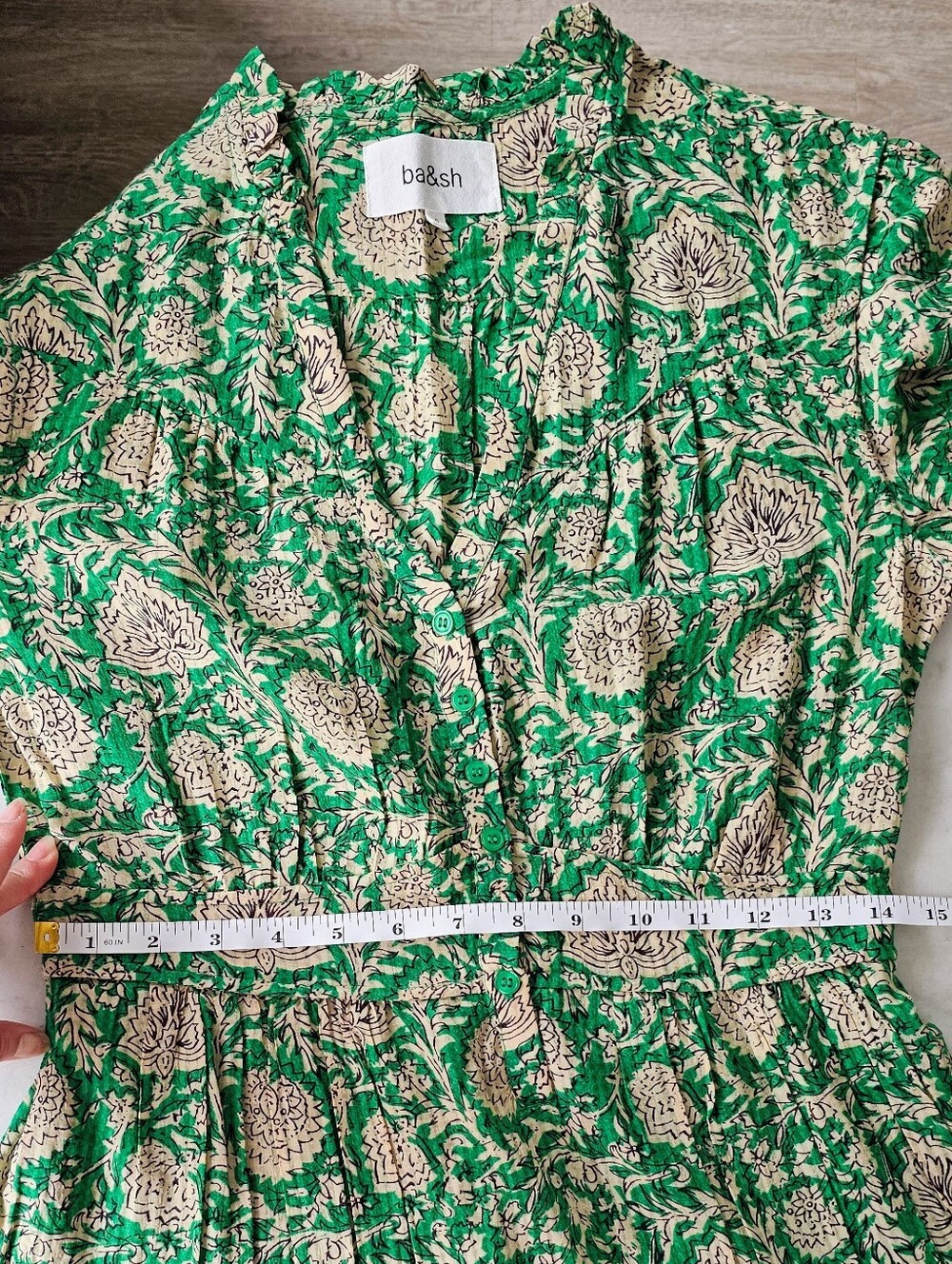 ba&sh Paz Green Tan Floral Garden Print Lady Dress Half Sleeve Mini Dress size 0 - Picture 16 of 16